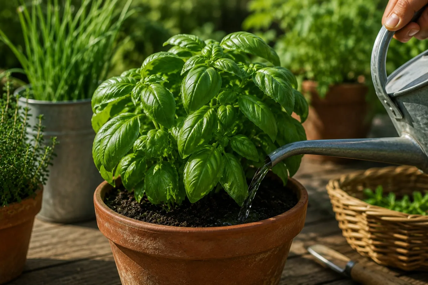 Arrosage d'un plant de basilic au pied avec un arrosoir, le feuillage restant sec