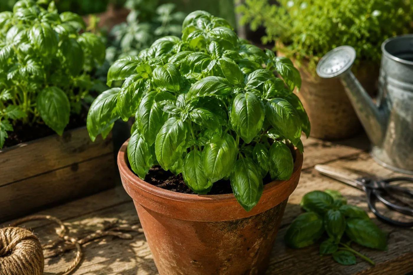 Plant de basilic en pot de terre cuite au soleil